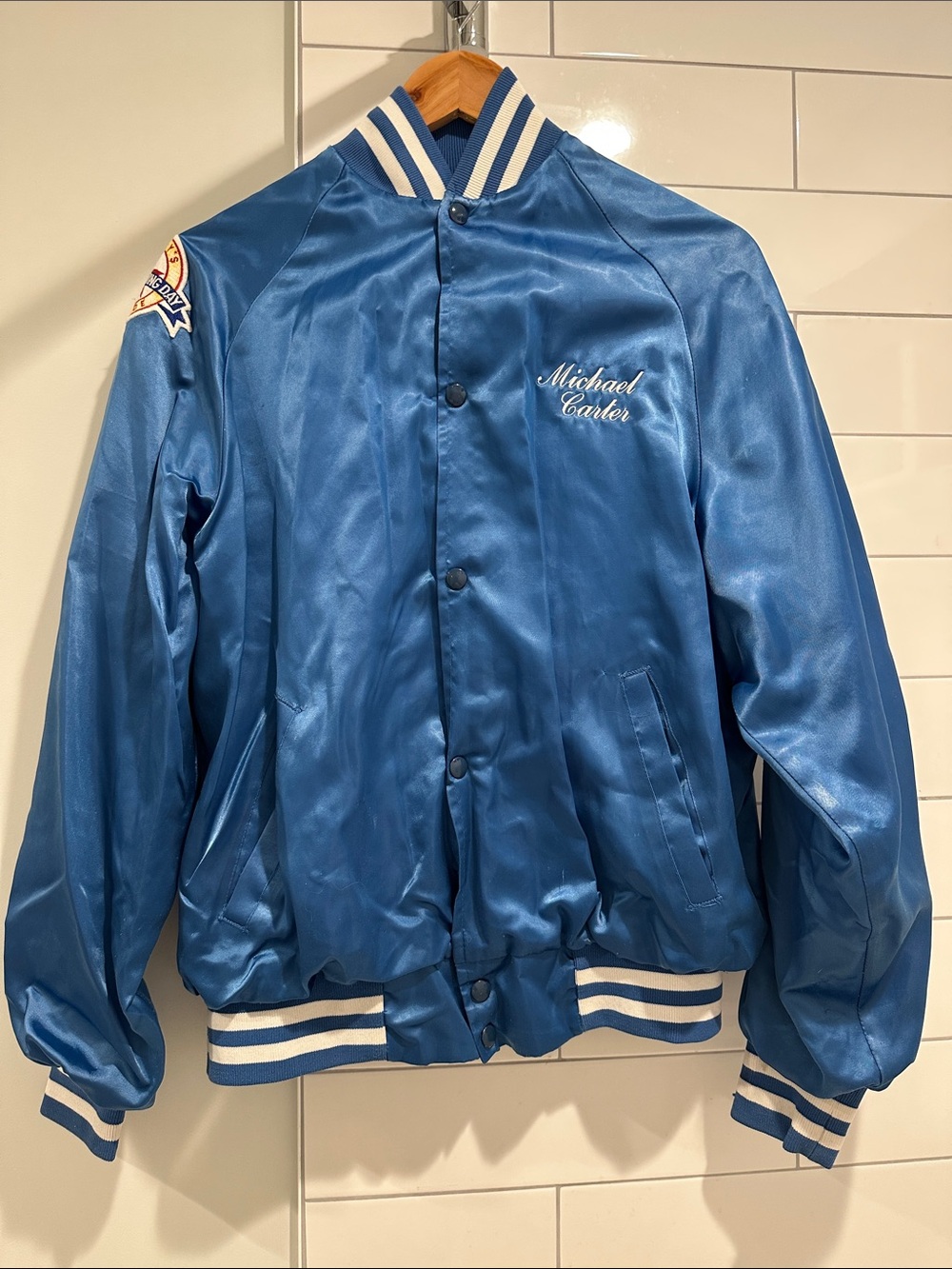 Vintage Blue Satin Bomber Jacket Size Large